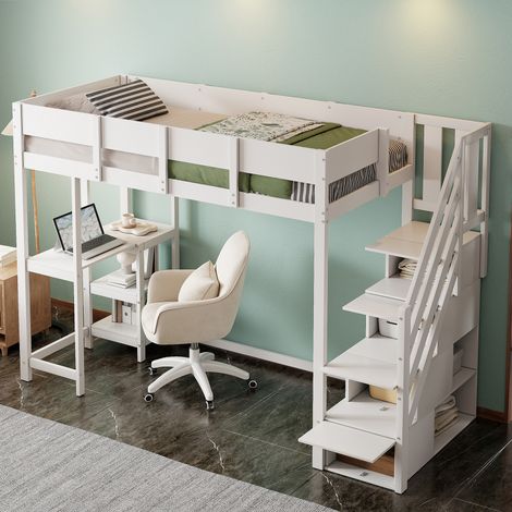 DESVIAE Lit mezzanine 90 x 200 cm en bois de pin massif blanc avec étagère intégrée escalier de rangement et garde corps pour chambre enfant et chambre d invité (1/4)