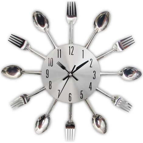 Küchenuhr mit Spiegeleffekt, Löffel und Gabel, abnehmbarer 3D-Aufkleber zur Innendekoration, metallisch silber. (1/5)