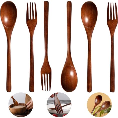 Couverts En Bois - Lot De 6 - Naturel - Cuillères Et Fourchettes - Cuisine Et Restaurant - 22,5cm
