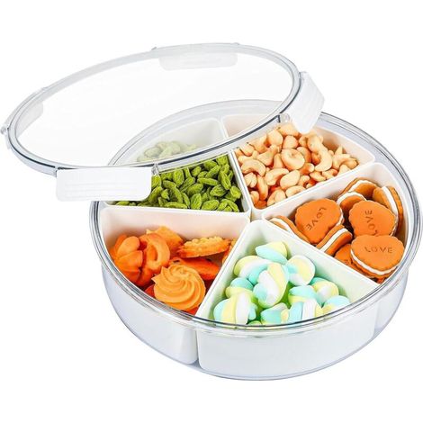 Round Divided Serving Tray with Lid, Plastic Fruit Serving Container, 5 Compartments, Salad Vegetable Storage Tray, Snack Candy Storage Plate, (1/5)