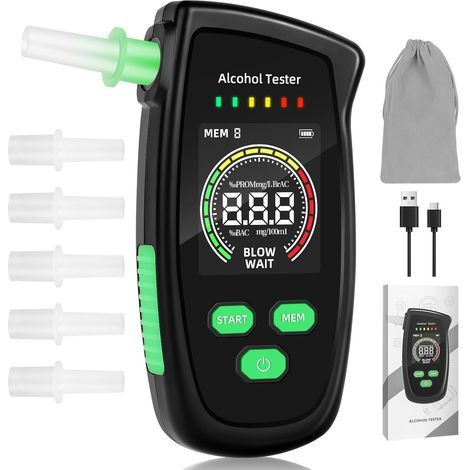 Testeur d'alcool portable certifié, rechargeable, avec écran, 5 embouts, mesure de haute précision pour les tests personnels à domicile (noir) (1/5)