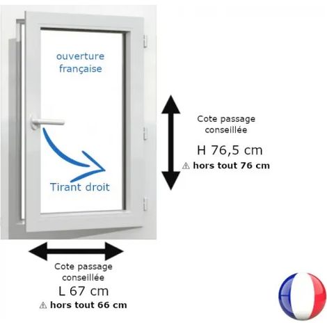 Fenêtre PVC blanc 1 vantail hors tout H 76 x L 66 cm ouverture française pour pose rénovation - tirant droit
