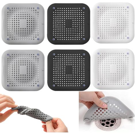 Filtre de siphon en silicone, lot de 6 filtres de siphon, douche, filtre à cheveux avec ventouses, filtre à cheveux, douche, siphon, évier, pour cuisine, douche, baignoire (blanc + gris + noir) (1/5)