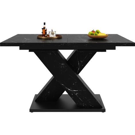 Table de salle à manger extensible noire aspect marbre, table de salle à manger moderne au design X, table extensible pour 4 à 6 personnes, rail métallique stable, pour cuisine et salle à manger (1/5)