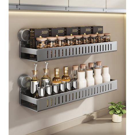 Wandmontiertes Gewürzregal – 2er-Set – Gewürzorganizer aus Metall – Grau – Kein Bohren erforderlich – Küchenregal – Gewürzständer – Wandmontage – 2 Stück (1/3)