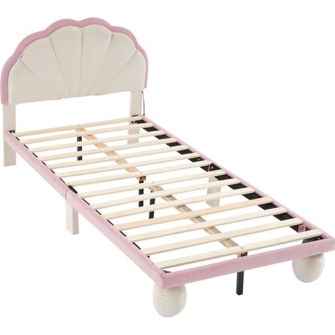 Cama infantil tapizada con LED multicolor, cabecero ondulado, terciopelo beige y rosa 90x200 cm (1/5)