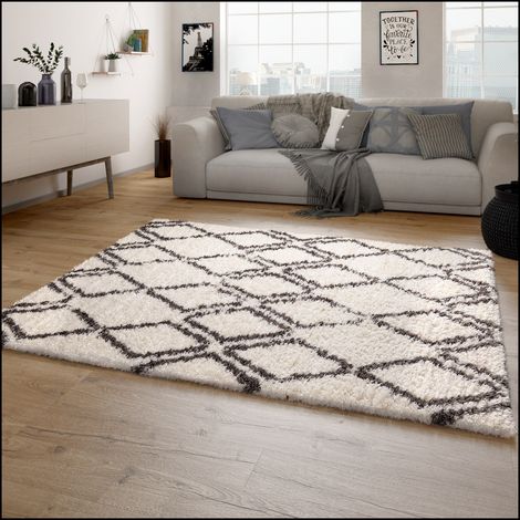 Paco Home Tappeto A Pelo Lungo Salotto Shaggy Pelo Lungo Motivo Diamante Scandinavo 80x150 cm, Crema 4