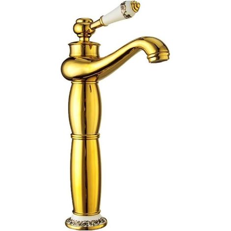 Single-lever gooseneck bathroom tap in solid gold-plated brass, for single-hole countertop installation, for hot/cold water