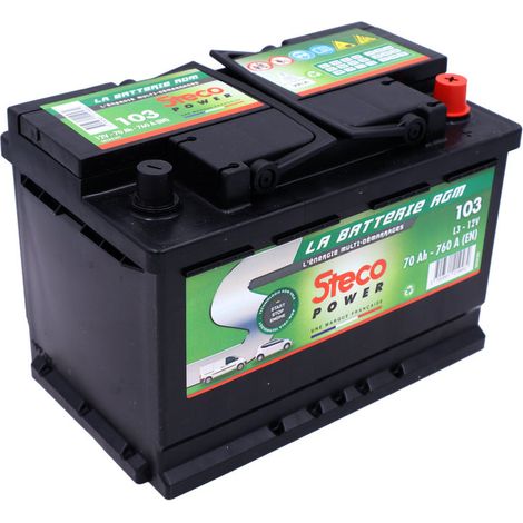 Batterie Stop and Start 12V 70Ah 760A – 103 – AGM pour véhicules avec fonction Stop/Start – Rebord de fixation B13 – Disposition des pôles + à droite – Steco (1/2)