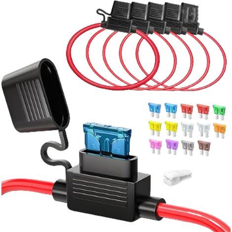 5 Stück 16AWG Mittlere Flachsteck-Sicherungshalter, wasserdicht, mit Kabel, DC 32V 20A Zusatzstromkreis für LKW und PKW, mit 6 Standard-Flachsicherungen und 1 Sicherungszieher (1/5)