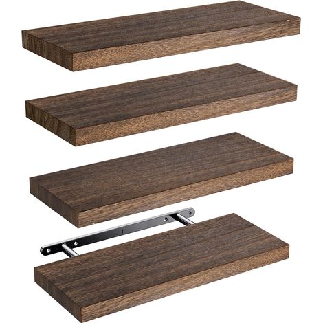 Etagere Murale 40 cm, Bois de Paulownia, Lot de 4, Brun Étagères murales à supports métalliques cachés, 10 kg par tablette, pour salle de bain, chambre, bureau, salon et cuisine (1/5)