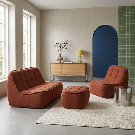 Canapé modulable bouclette texturée 3 places avec repose pied - Boni Bouclette texturée Terracotta