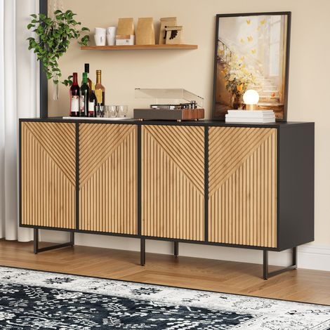 Wohnzimmer-Sideboard 160 cm mit 4 Türen und 8 Fächern, Naturholz/Schwarz, OKMYHOME (1/5)