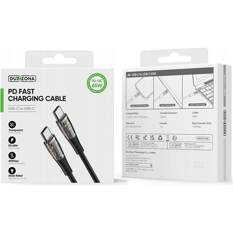 Cable USB-C a USB-C 65W PD QC3.0 1m Carga rápida Nylon Gris duzzona (1/5)