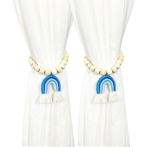 Fermacravatte per tende con perline di legno, fibbie magnetiche per tende con nappe, fermacravatte per tende color arcobaleno con nappe, decorazione senza foratura (blu) (1/5)