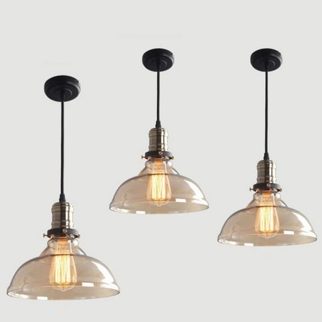 3 Piezas Lámpara Colgante Industrial Vintage Lámpara de Techo Pantalla de Cristal Colgante de Luz Ajustable Ámbar Ø20x26cm (1/5)
