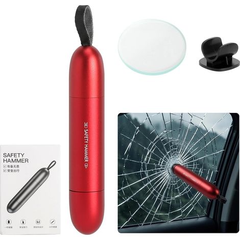Marteau Brise Vitre Voiture avec Coupe-Ceinture, Outil Secours Voiture 2 en 1 avec Support Adhésif et Verre d’Exercice, Marteau d’Urgence Compact en Alliage d’Aluminium pour Auto (1/5)