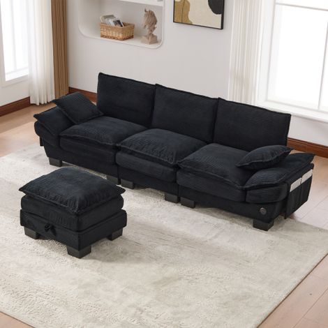 Sofá modular de 3 plazas de terciopelo acanalado (pana) con puf, USB-C y bolsillos laterales, negro, 260x132x84 cm (1/5)