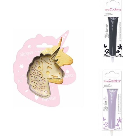 Kit pour biscuit en relief Licorne + 2 Stylos au chocolat noir et lilas