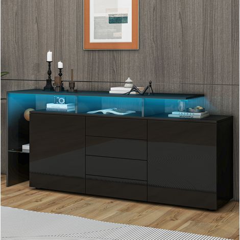 Buffet de salon avec LED, 2 portes, 4 tiroirs et niche en verre, 160x35x70 cm, noir (1/5)