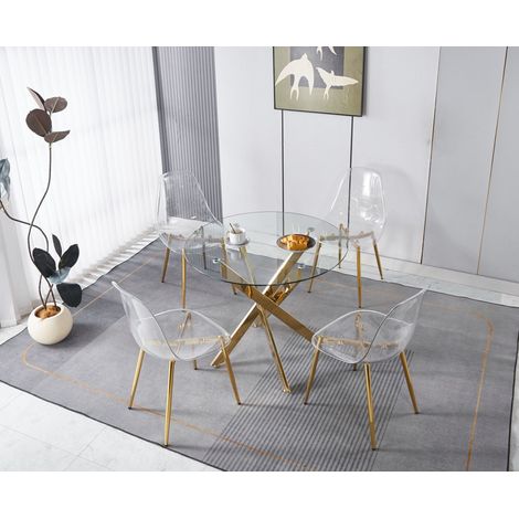 Set da pranzo composto da 5 pezzi: 1 tavolo + 4 sedie in velluto, schienale alto ergonomico, gambe in metallo dorato, colore oro