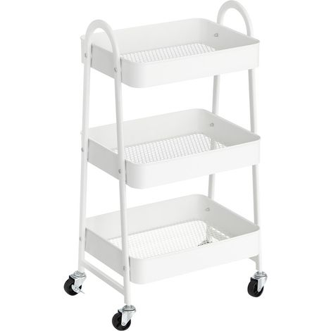 Chariot Mobile à 3 Niveaux, Desserte sur roulettes, Étagère de Rangement en métal, avec poignées, 2 Freins, Montage Facile, pour Atelier, Chambre, Cuisine, buanderie, Blanc