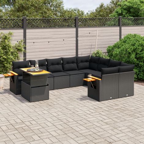 Ensemble Salon Jardin 10 Places Noir Résine Tressée avec Coussins - Table Réglable et Mobilier Modulaire Extérieur (1/3)