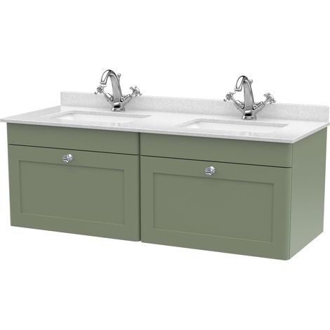 Swynnerton Traditional 2 Drawer Wall Hung Vanity Unit with Double Marble Basin, Satin Green, 1200mm