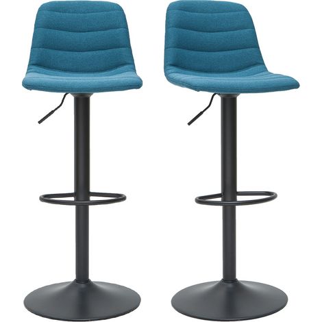 Miliboo – Tabourets de bar réglables en tissu bleu canard – Lot de 2 – Hauteur d'assise ajustable 61-83 cm – Dossier rembourré et repose-pieds en métal
