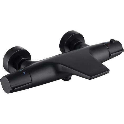 Termostato doccia 40°C nero con uscita a cascata, miscelatore sicuro, sicurezza antiscottatura, sistema doccia completo, regolazione temperatura, design moderno bagno (1/5)
