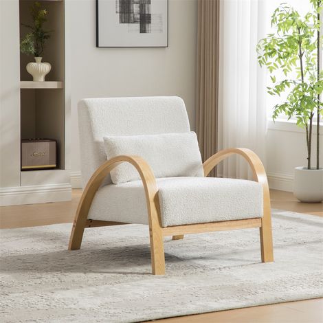 Fauteuil Lounge Scandinave - 70x82x83.5 cm - Tissu Chenille Doux & Pieds en Bois Massif - Design Moderne Sans Accoudoirs - Ivoire (1/5)