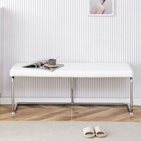 Panca in pelle bianca con struttura cromata – 130 cm. Panca moderna per sala da pranzo, corridoio e soggiorno.