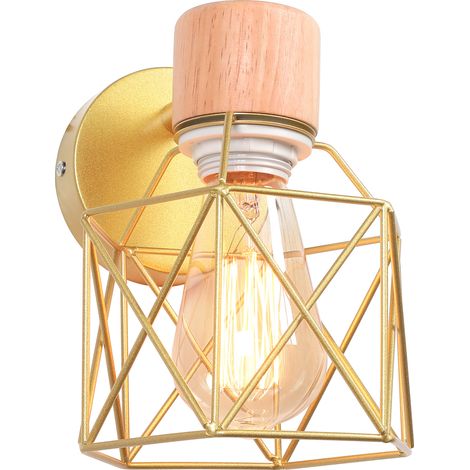 Applique Murale Rétro Moderne Lampe Murale Nordique Applique Murale En Bois Métal Applique Murale Vintage Ampoule E27 (Or)