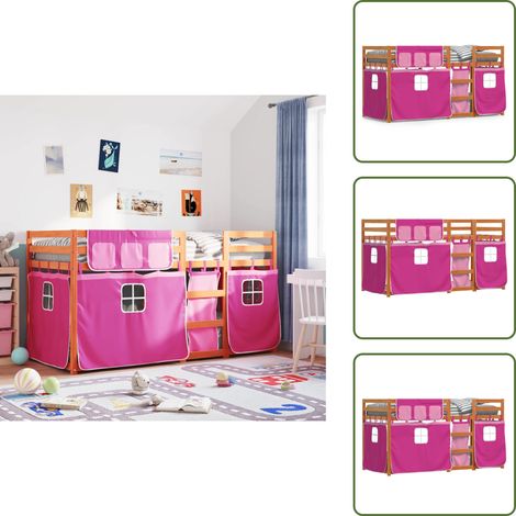 Etagenbett mit Vorhängen Rosa 90x200 cm Massivholz Kiefer - Kinderzimmermöbel - Hochbett - Etagenbett - Jugendzimmer - Holzbett