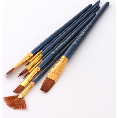 Ensemble de 7 pinceaux en nylon avec manches en bois pour aquarelle et peinture à l'huile, bleu foncé.