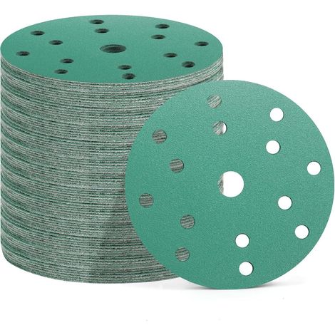 50 Stück Schleifscheiben 150 mm, 15 Löcher, 10x Körnung 60/80/120/180/400, Schleifpapier für Exzenterschleifer (Grün (P60/P80/P120/P180/P400))