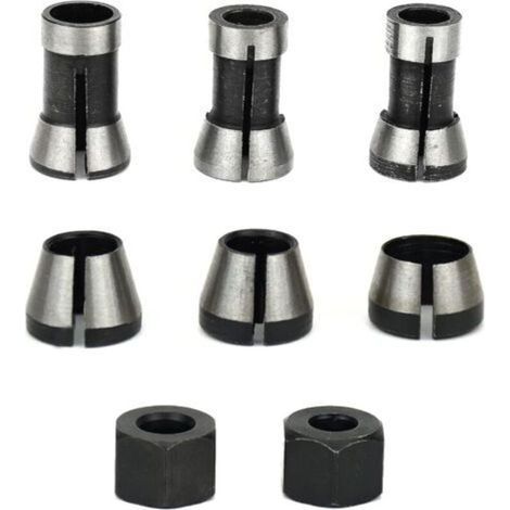 Mandrin de fraisage – jeu de 6, pince de serrage affleurante (6 mm, 6,35 mm, 8 mm), pince de toupie, adaptateur de pince (1/4)