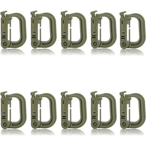 Mousquetons en plastique Lot de 10, en forme de D, tactiques Vert armée Conviennent pour les sacs à dos, le camping et la pêche (1/5)