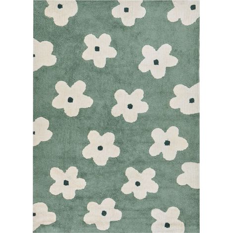 Area Rug Green Cotton 160 x 230 cm Decorative Flowers Pattern Boho Style Living Room Kids Children's Room MOKHVA