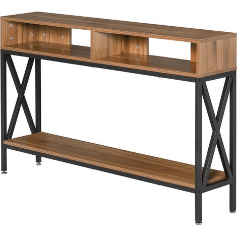Table Console Industrielle Multi-rangements 120x23,5x75 cm Bois Noyer