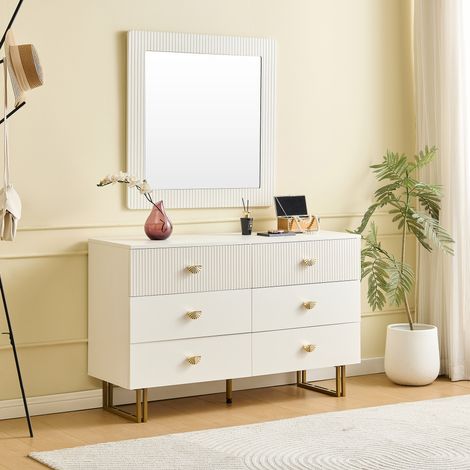 Set sideboard con specchio 120x40x75 / 80x80 cm bianco in MDF con 6 cassetti e dettagli dorati (1/5)