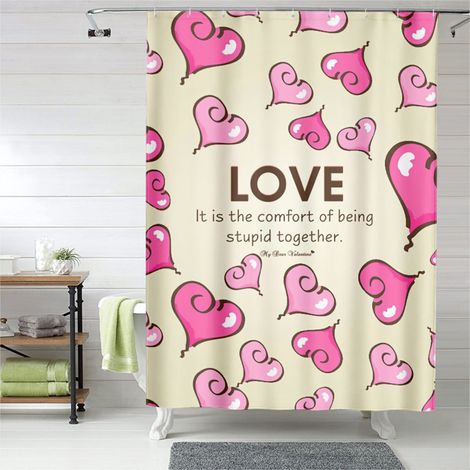 Rideau de douche motif cœurs dessin doux, polyester imperméable, 150x180 cm (1/5)