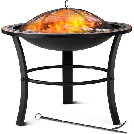 GARDEBRUK® Feuerschale mit Funkenschutz Schürhaken Abdeckung Rost Mosaik Rund 76cm Stahl Feuerstelle Feuerkorb Grill