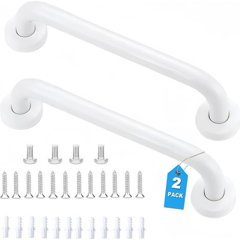 Dos barras de apoyo para baño con asas de acero inoxidable antideslizantes, aptas para personas mayores y niños, 30 cm (color blanco). (1/5)