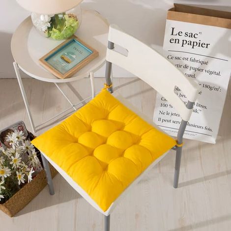 Lot de 4 coussins de chaise moelleux, avec ruban, pour salle à manger, jardin, terrasse ou cuisine (40 x 40 cm), jaune clair - couleur (1/5)