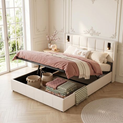 Lit coffre double 140x190 cm, avec 2 lampes de lecture et ports USB/LED, sommier à lattes, tissu flanelle, Beige (1/5)