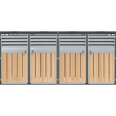 ELVMI Mülltonnenbox mit 4 Fächern, Hydraulischen Klappdeckeln, Abschließbaren Türen und Lüftungsgittern, Stahl Grau Holzoptik (1/5)