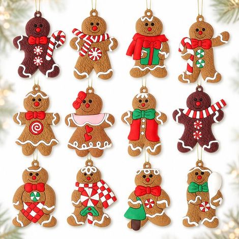 Lot de 12 décorations de Noël – Bonshommes en pain d’épices – Suspensions en bois – Marron – Sapin et intérieur (1/5)