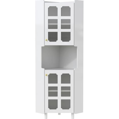 CHICFURN Meuble d’angle blanc laqué avec LED connectée, rangements 3 zones, portes vitrées et étagère ouverte, idéal pour salon, chambre ou salle de bain (1/5)