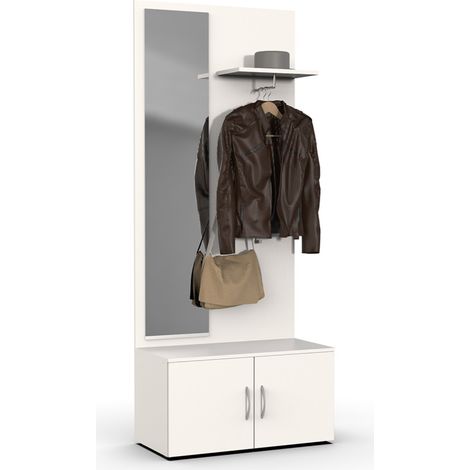 Vestiaire mural en bois mélaminé coloris blanc + miroir - longueur 80 x hauteur 185 x profondeur 40 cm